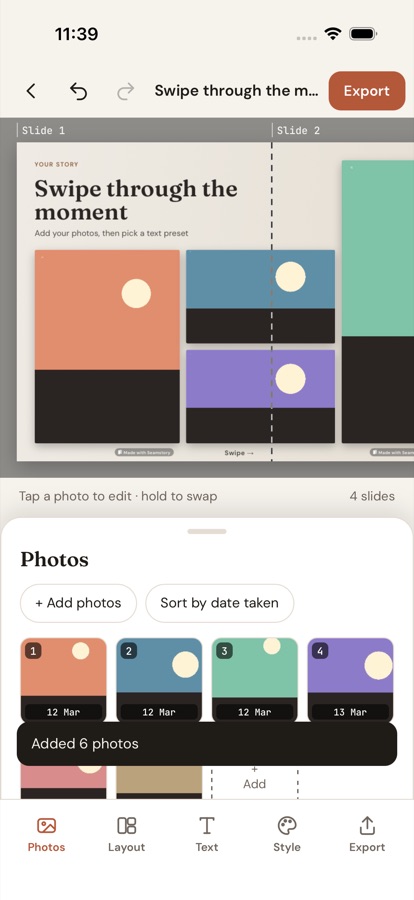 Seamstory editor with photos across slides